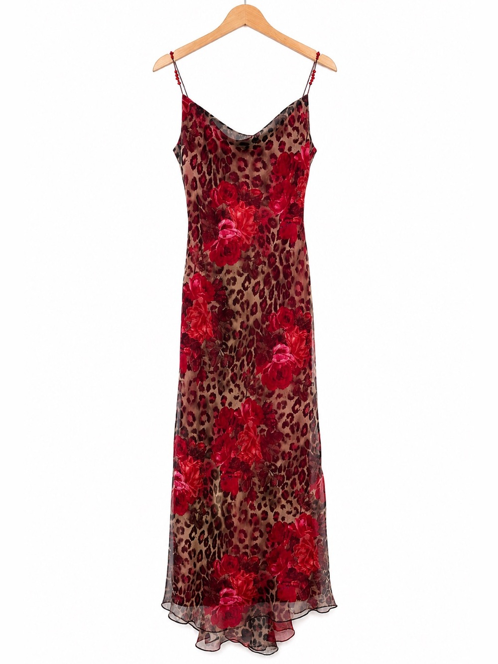 1980’s Vintage Red Floral Leopard Dress with Cowl Neck & Beaded Spaghetti Straps